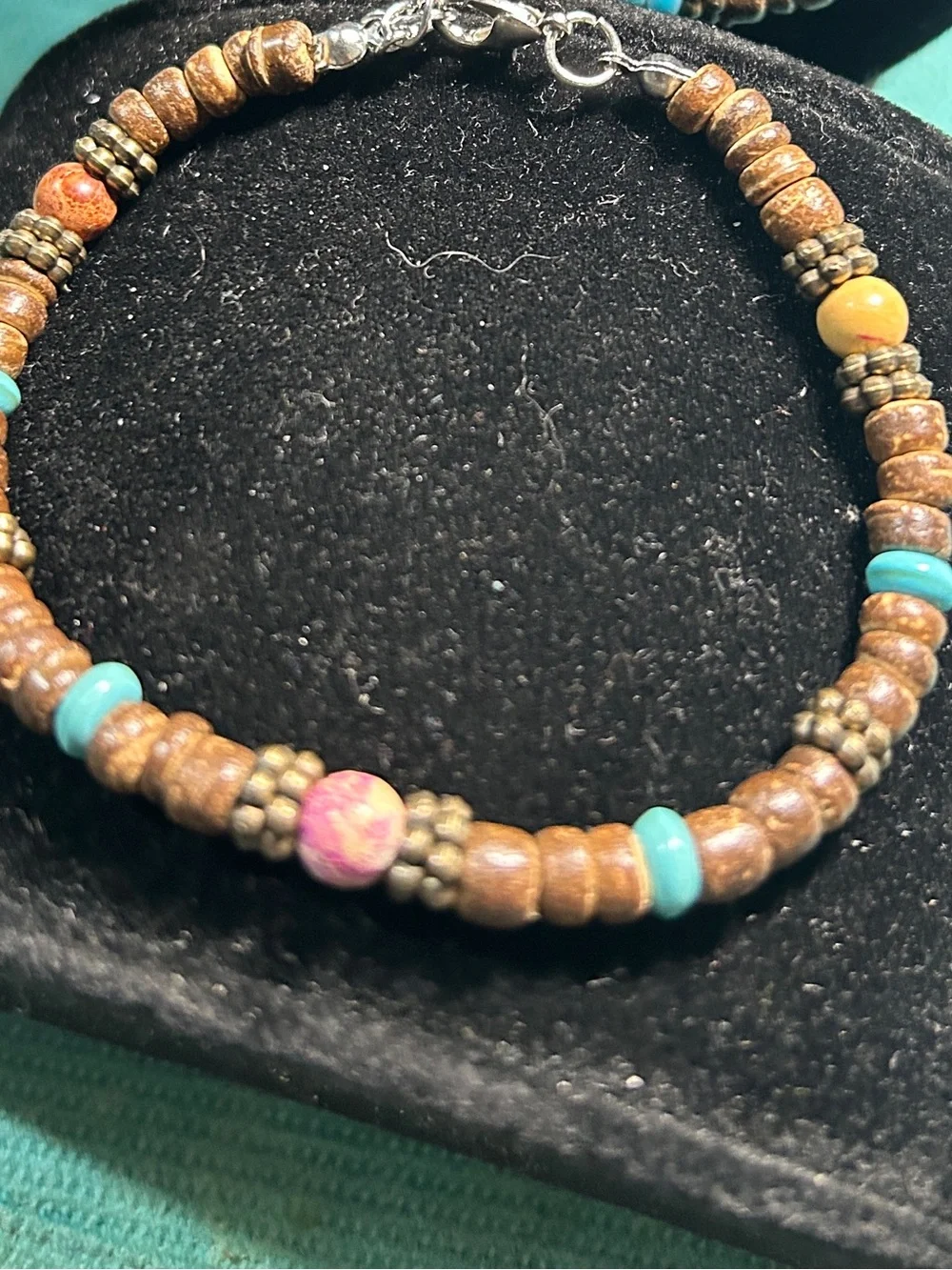 Handcrafted Brown Wood Bead necklace set with Turquoise and Pink Accents
